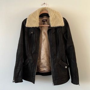 Daniel Brown Real Leather Jacket with Shearling Collar